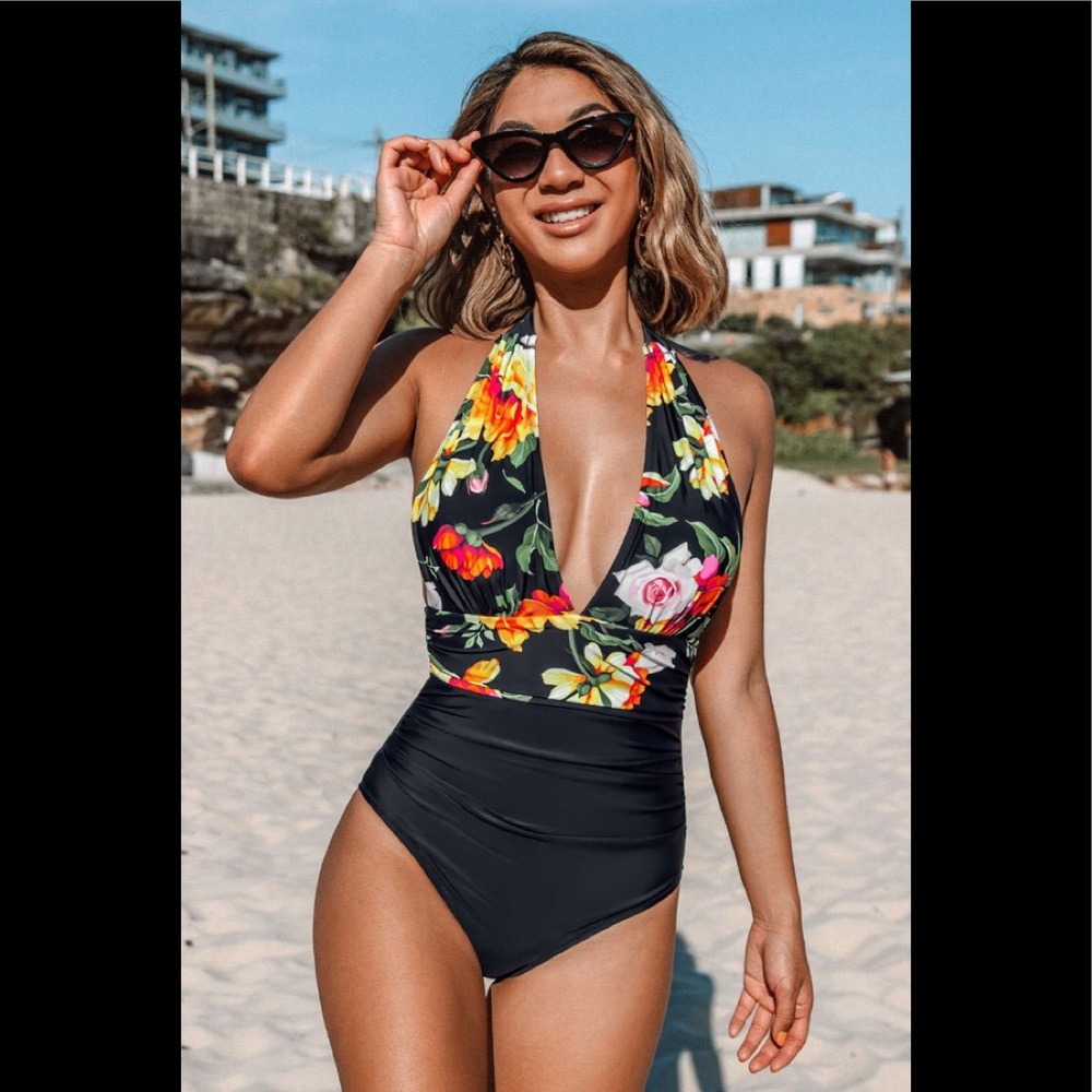 Floral and Black Plunge Halter One Piece Swimsuit NWT